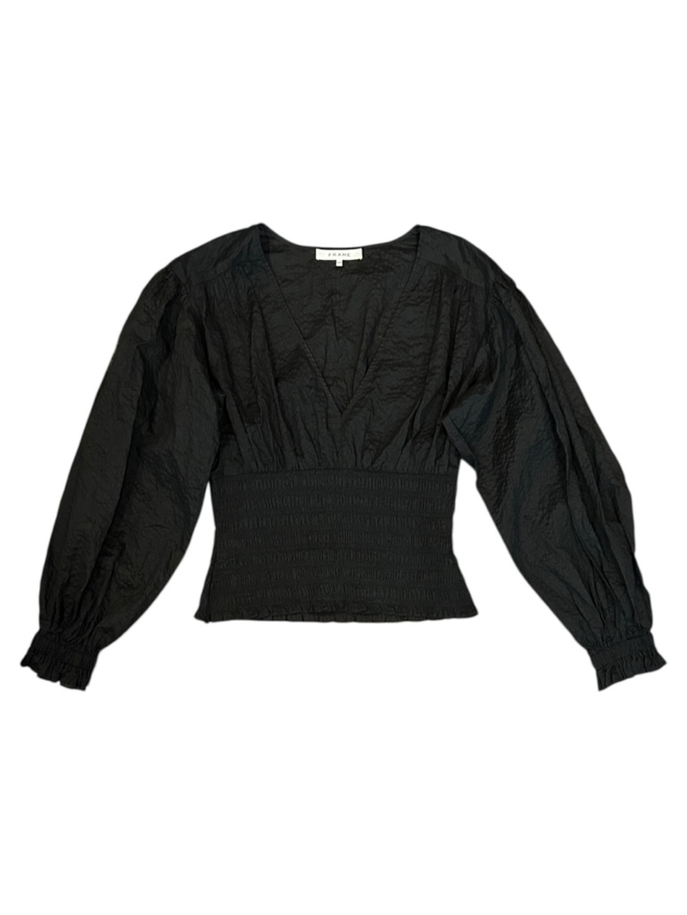 FRAME Smocked V-Neck Crinkled Cotton Blouson Sleeve Top Black Women Medium $348 - Picture 3 of 9